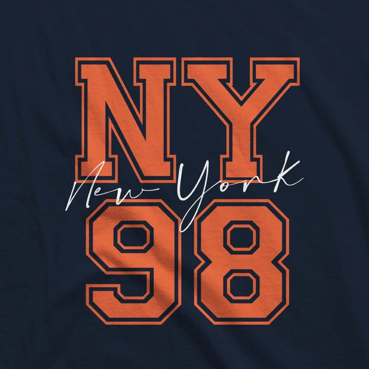 Juxar men's raw edge hoodie with New York 98 orange graphic on navy fabric