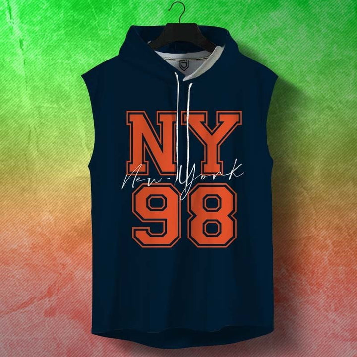 Juxar mens sleeveless navy blue raw edge hoodie with NY 98 New York print on front