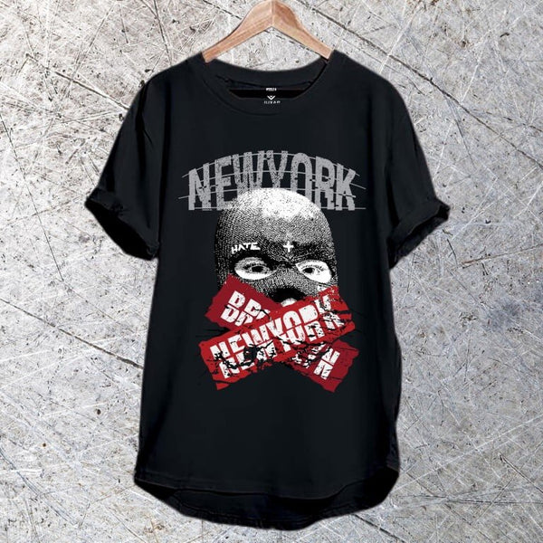 Juxar black slim fit longline cotton tee with New York masked skull graphic and red tape design