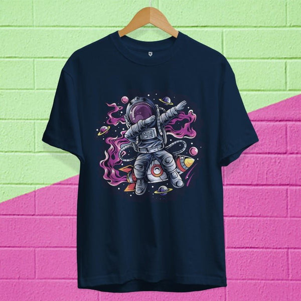 Juxar stretchable cotton t shirt for gym with colorful astronaut graphic on navy blue fabric