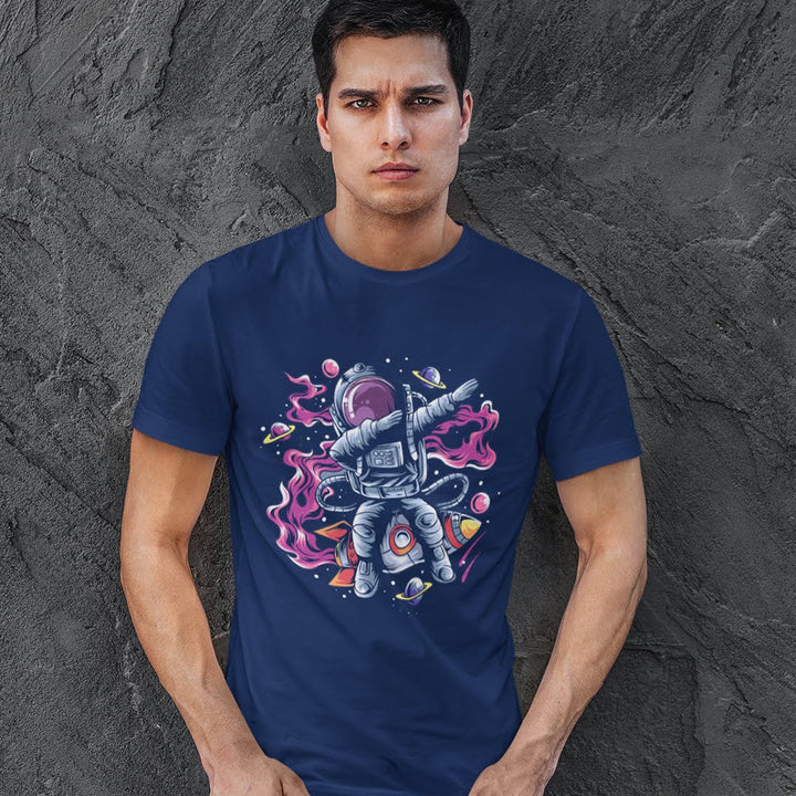 Juxar stretchable cotton t shirt for gym in navy blue with astronaut graphic design
