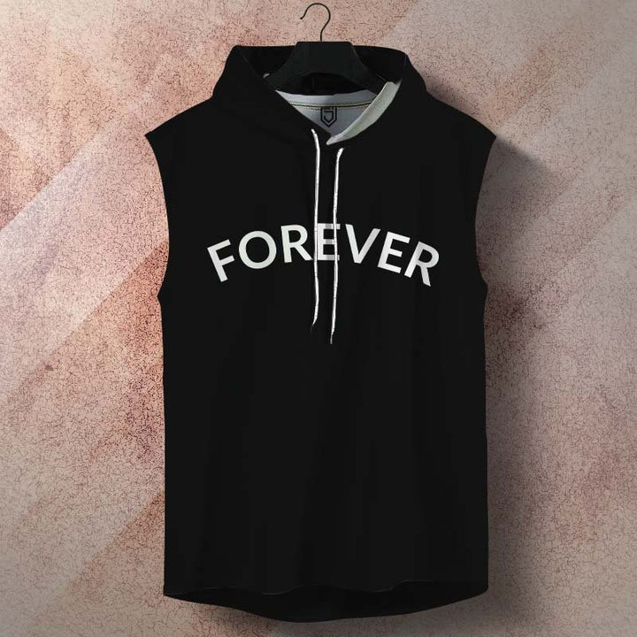 Juxar men's black sleeveless Terry cotton hoodie with Forever print and white drawstrings