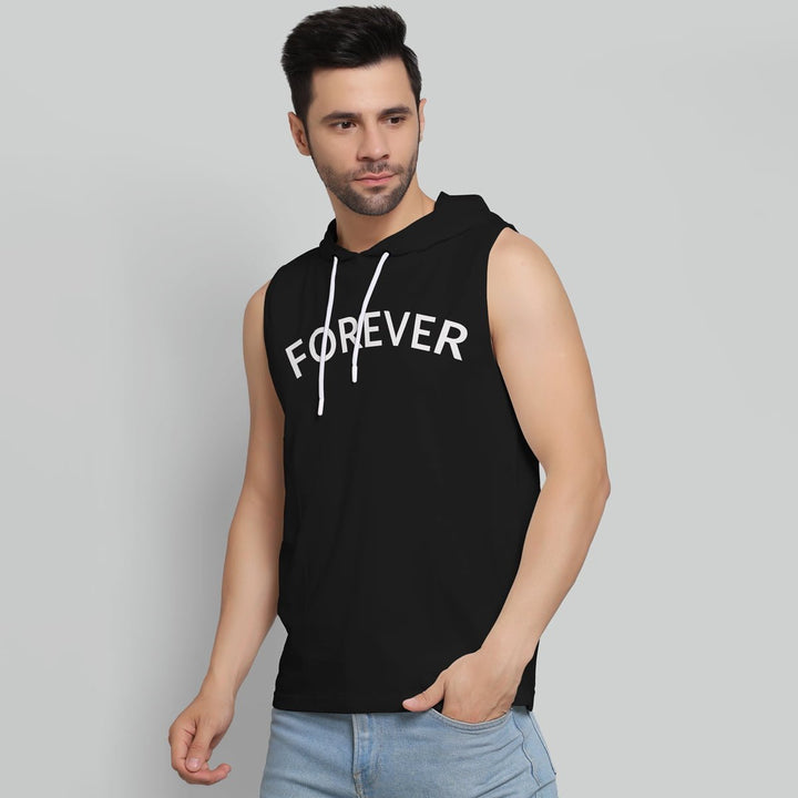 Juxar men's black sleeveless Terry cotton hoodie with FOREVER print and white drawstrings