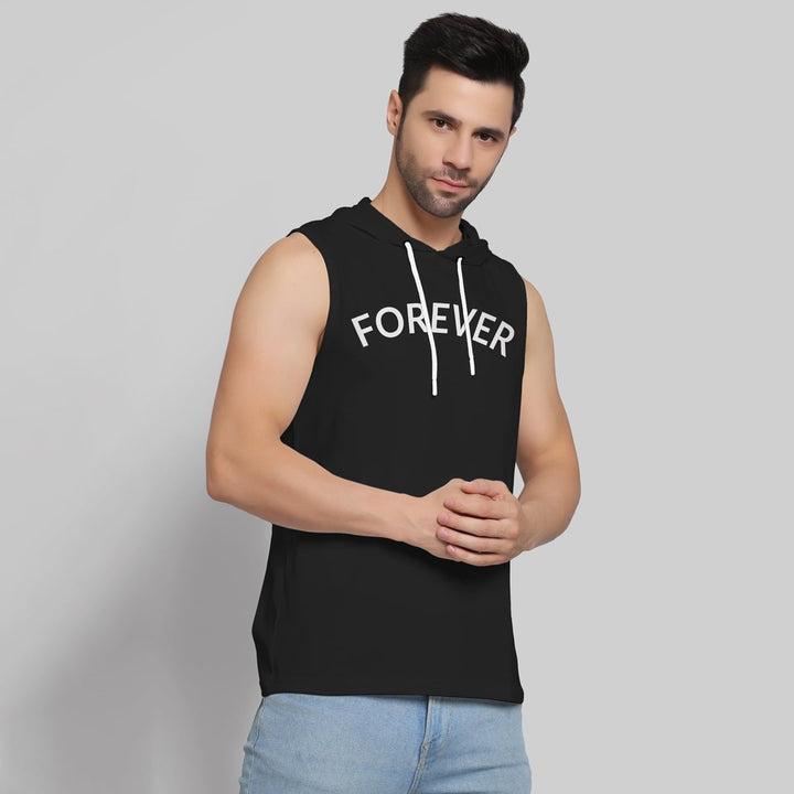 Juxar mens black sleeveless hoodie with FOREVER print and white drawstrings Terry cotton hoodie