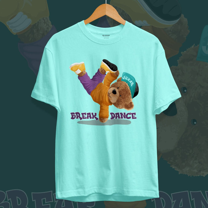 Juxar light blue break dance t-shirt featuring a bear breakdancing in colorful clothes and hat