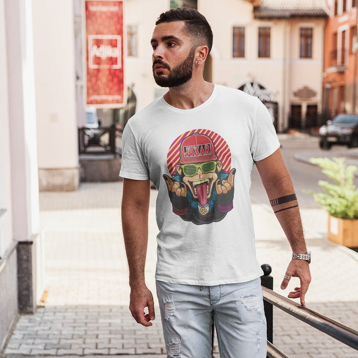 Juxar white cotton t shirt with colorful graphic print worn by a man buy cotton t shirt online in India