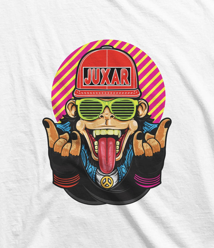 Juxar white t-shirt featuring a colorful monkey graphic with sunglasses and cap to buy cotton t shirt online in India