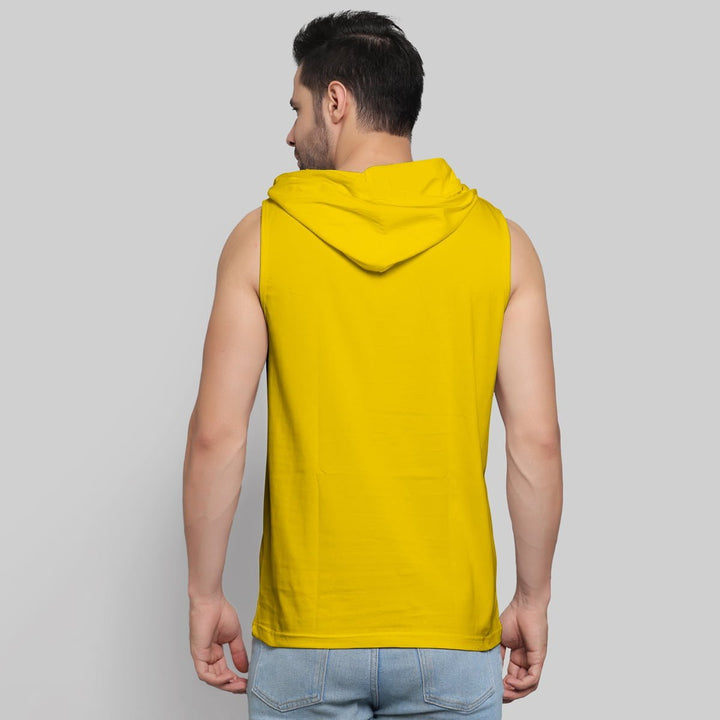 Mens yellow sleeveless drop shoulder hoodie by Juxar shown from back with hood down