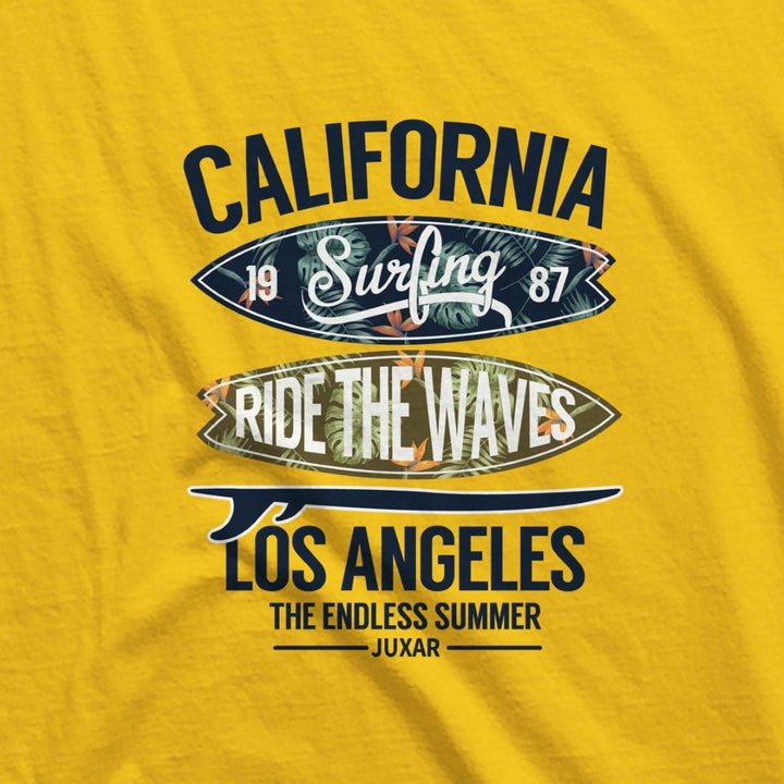 Juxar men's yellow drop shoulder hoodie with California surfing Los Angeles print design