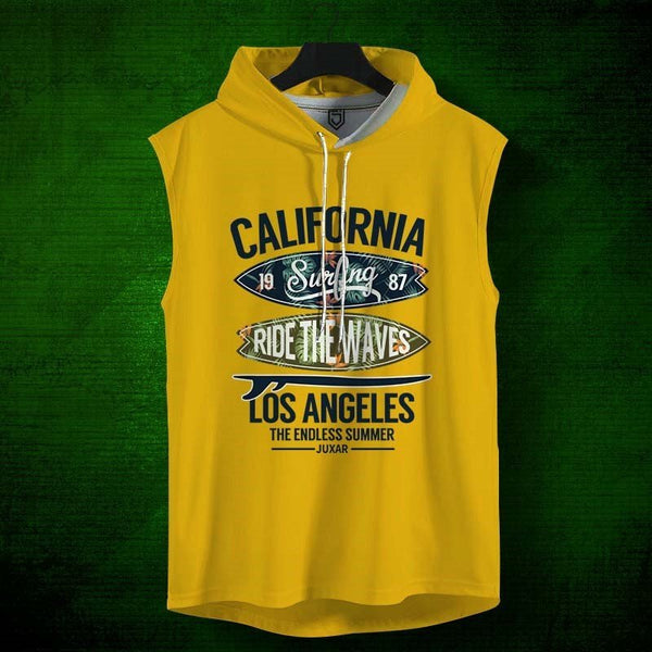 Juxar mens yellow drop shoulder hoodie sleeveless California surfing graphic design