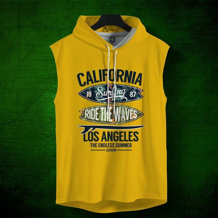 Juxar mens yellow drop shoulder hoodie sleeveless California surfing graphic design