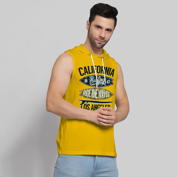 Juxar mens yellow sleeveless drop shoulder hoodie with California surfing graphic