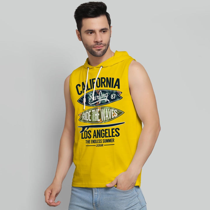 Juxar mens yellow drop shoulder hoodie sleeveless with California surfing graphic print