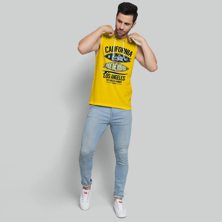 Juxar mens yellow drop shoulder hoodie with California surfing graphic and light blue jeans