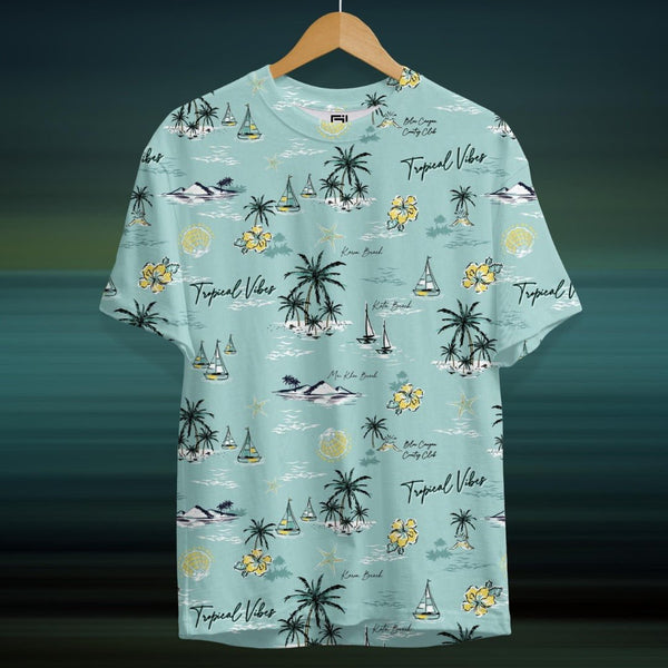 Juxar printed casual round neck t-shirt online with tropical palm tree and sailboat design