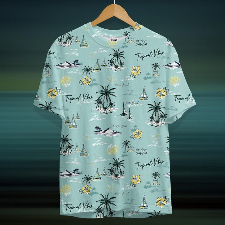 Juxar printed casual round neck t-shirt online with tropical palm tree and sailboat design