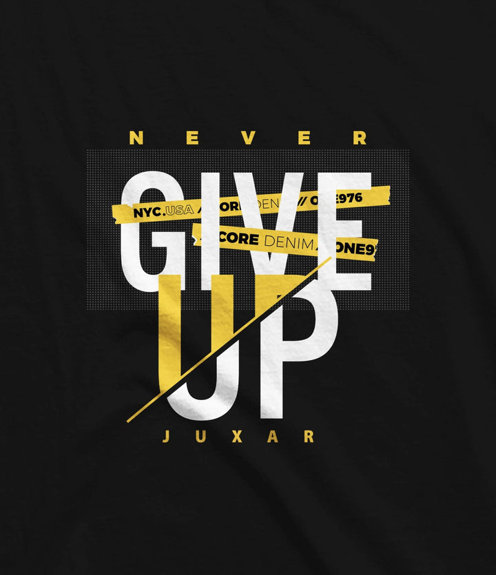 Juxar classic fit cotton t shirt for workwear with black background and motivational never give up graphic design