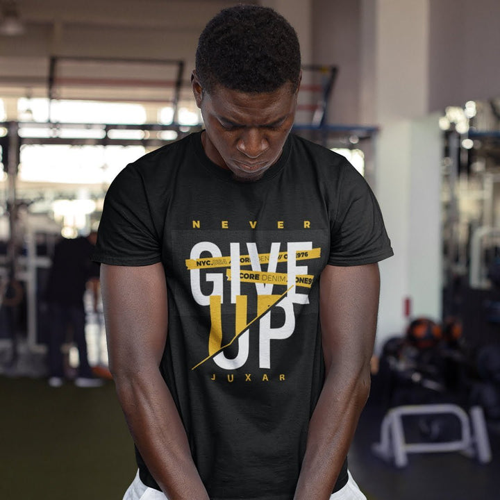 Juxar classic fit cotton t shirt for workwear in black with motivational never give up graphic