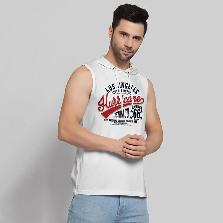 Juxar mens designer gym hoodie white sleeveless with Los Angeles print and front drawstrings