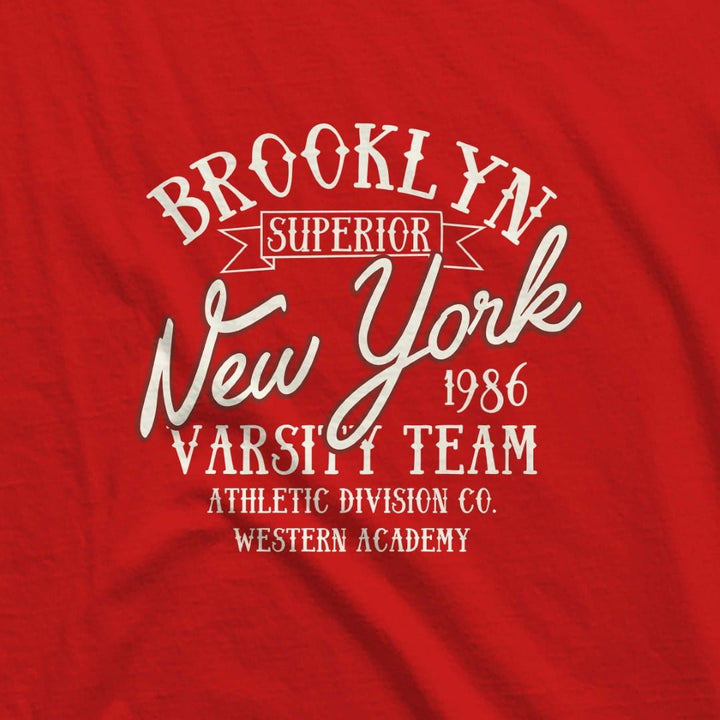 Juxar mens loose fit hoodie in red with Brooklyn New York varsity team graphic print