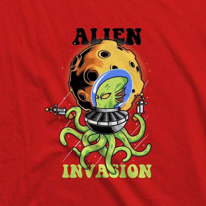 Juxar men's moisture-wicking hoodie with alien invasion graphic on red fabric