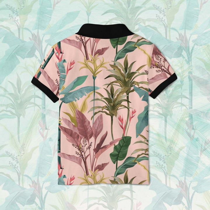 Juxar aesthetic printed polo t shirt with pink tropical botanical print and black collar and cuffs