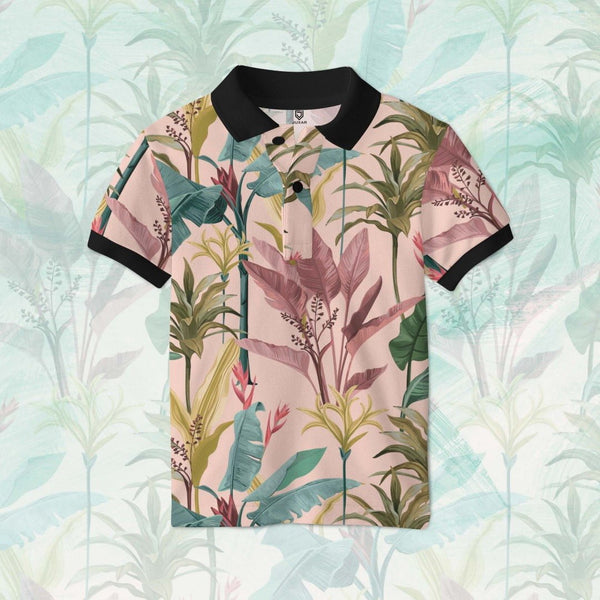 Juxar aesthetic printed polo t shirt tropical botanical print on pink background with black collar and cuff
