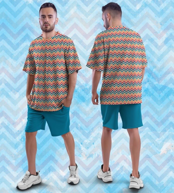 Juxar oversized printed t shirt with graphics chevron zigzag pattern on male model front and back view