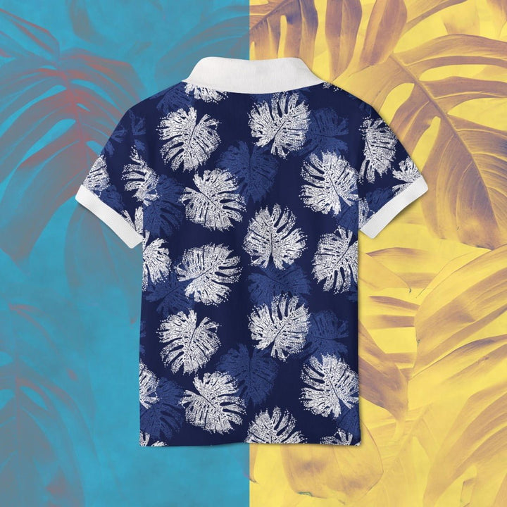 Juxar navy polo back view with white tropical leaf pattern and collar trim graphic printed polo t shirt