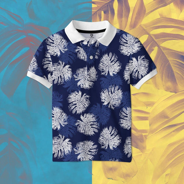 Juxar navy polo with white tropical leaf print and white collar cuffed sleeves graphic printed polo t shirt