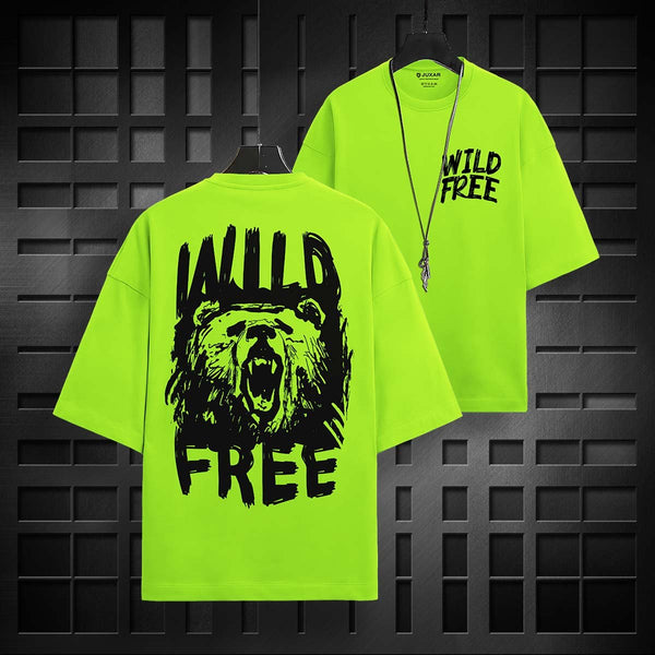 Juxar colorblock cotton oversized t-shirt in bright green with wild free bear graphic print