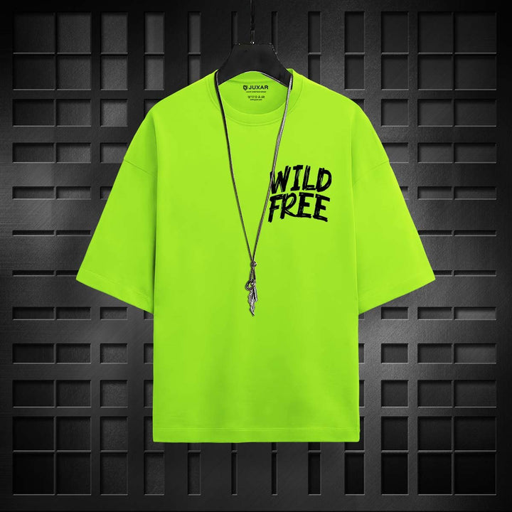 Juxar colorblock cotton oversized t-shirt in neon green with wild free graphic and necklace