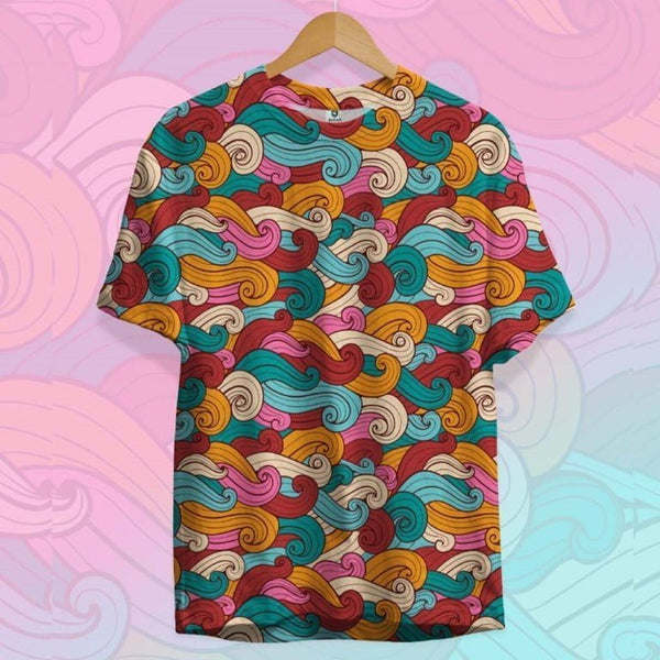 Juxar printed camping t-shirt with colorful abstract swirl pattern on short sleeve tee