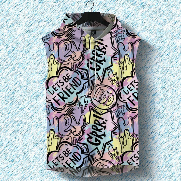 Juxar colorful graphic hoodie tank top with comic style designs and text on pastel background