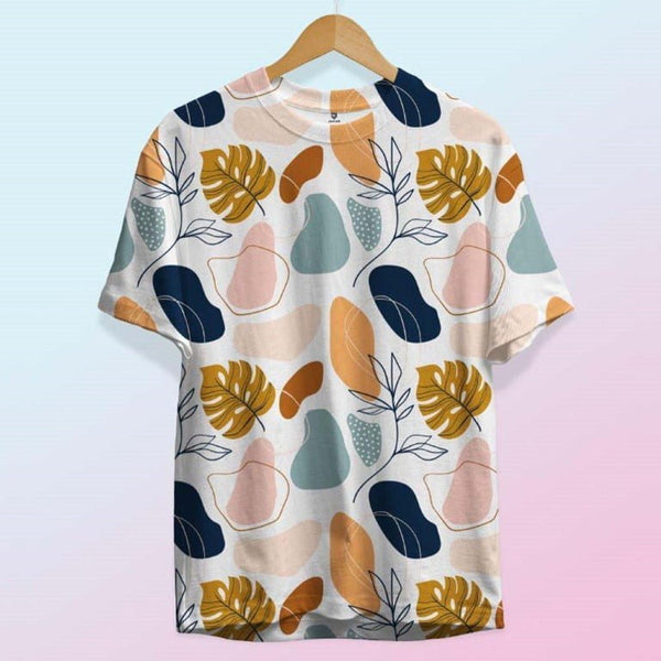 Juxar printed camping t-shirt with abstract leaves and shapes in earthy tones on white background