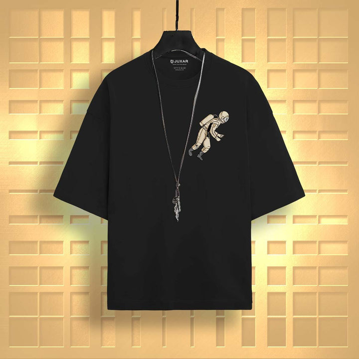 Juxar black comfortable cotton oversized tee with astronaut graphic and pendant necklace