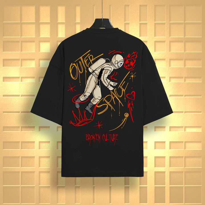 Juxar comfortable cotton oversized tee in black with outer space astronaut graphic design on the back
