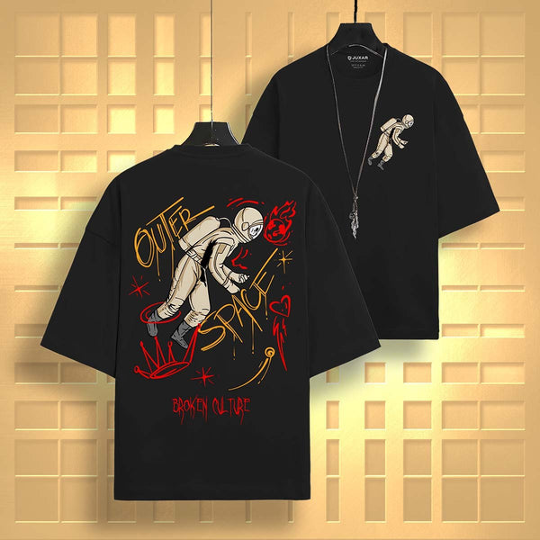 Juxar black comfortable cotton oversized tee with astronaut graphic and outer space text