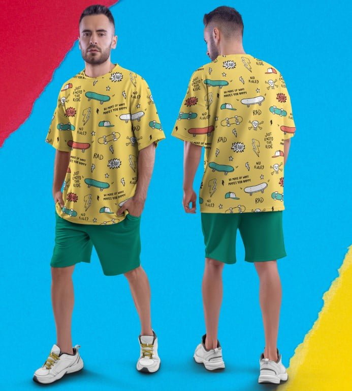 Juxar funky oversized printed t shirt yellow skateboard doodle print shown front and back on male model