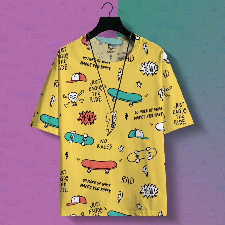 Juxar yellow funky oversized printed t shirt featuring skateboards caps skulls and playful slogan doodles