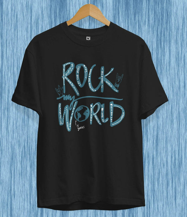 Juxar black cotton round neck t shirt with Rock my World graphic print hanging on wooden hanger