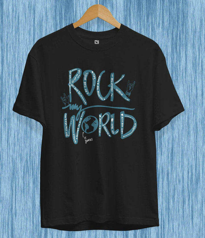 Juxar black cotton round neck t shirt with Rock my World graphic print hanging on wooden hanger