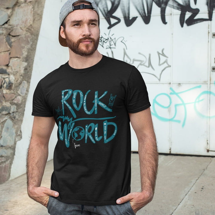 Juxar black cotton round neck t shirt with rock world graphic worn by man outdoors