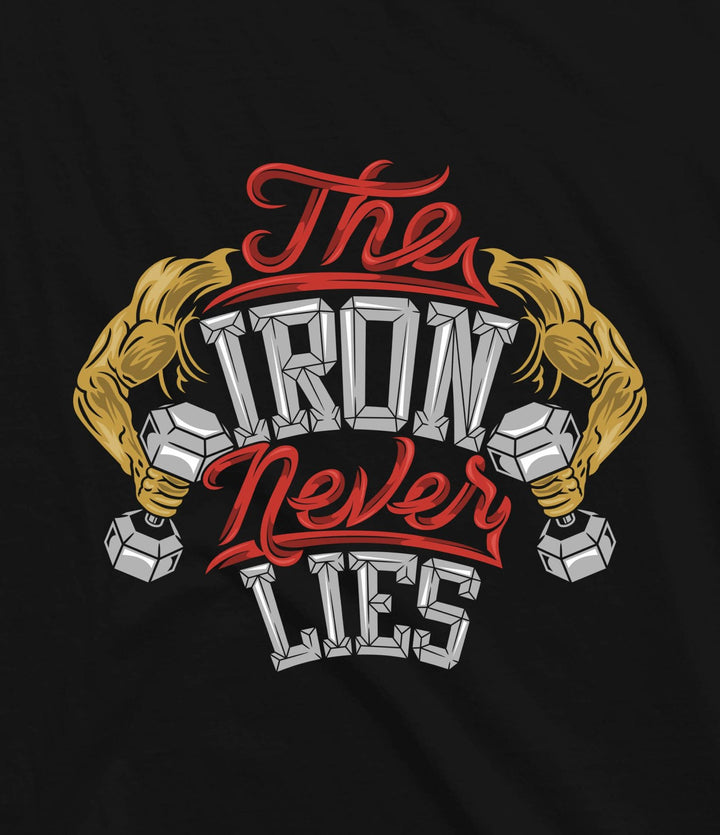 Juxar black cotton t shirt for branding with The Iron Never Lies design and muscular arms holding dumbbells