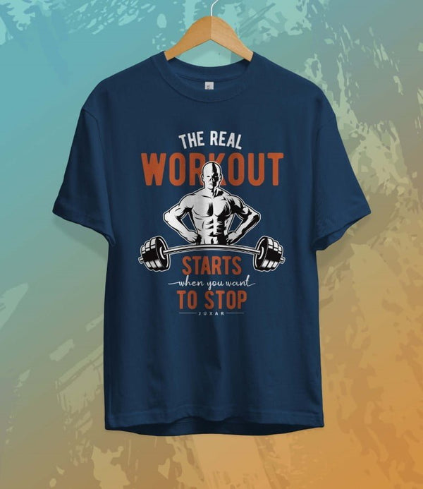 Juxar cotton t shirt for gym in navy blue with workout motivational graphic design