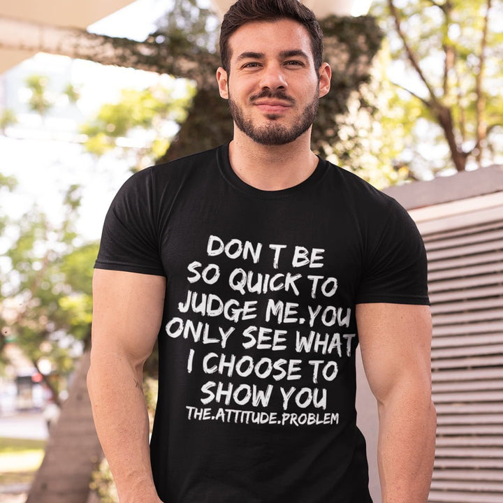 Juxar black cotton t shirt for office with motivational white printed text worn by man outdoors