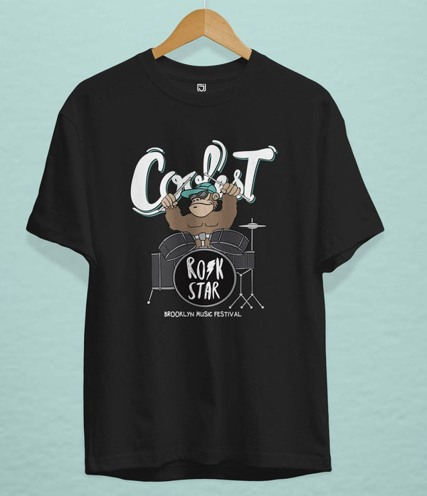 Juxar black cotton t shirt for sleepwear with rocking bear drum player graphic design
