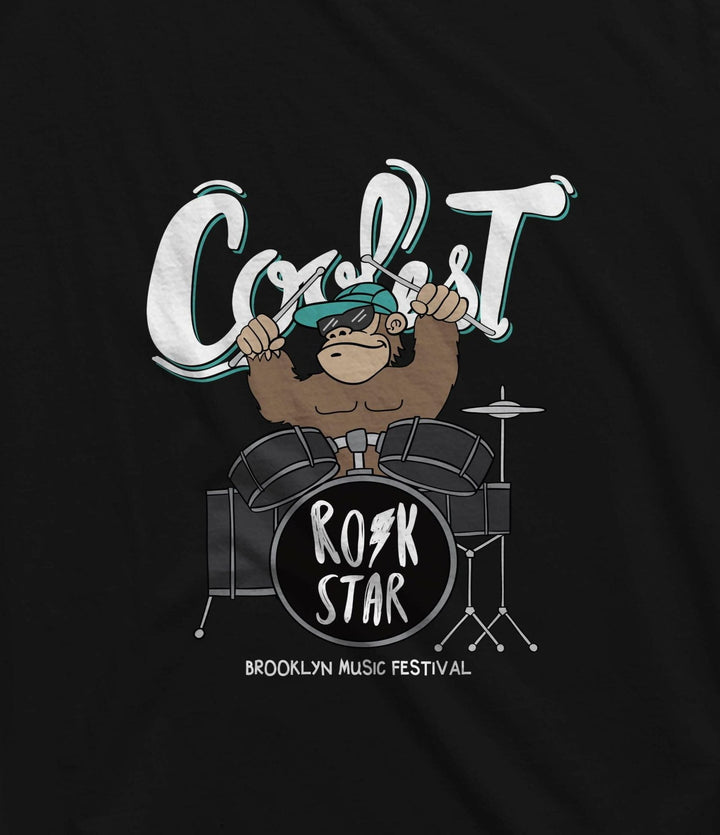 Juxar black cotton t shirt for sleepwear with cartoon monkey playing drums and rock star text