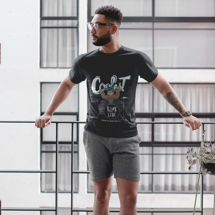 Juxar black cotton t shirt for sleepwear featuring cool rockstar graphic worn by man with gray shorts