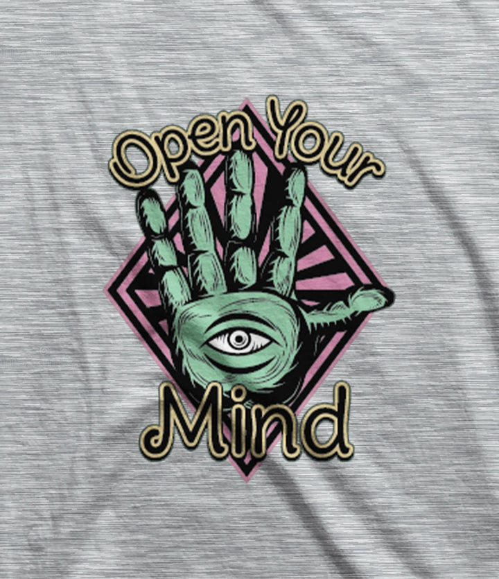 Juxar cotton t shirt for startup with Open Your Mind graphic and eye in hand design on gray fabric